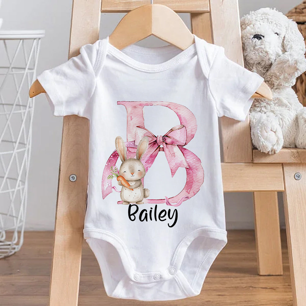 Personalized Name Parent-Child Matching Shirts, Bow Alphabet and Bunny Design Cotton Mom T-Shirt & Baby Bodysuit Set, Easter Gift for Baby/New Mom