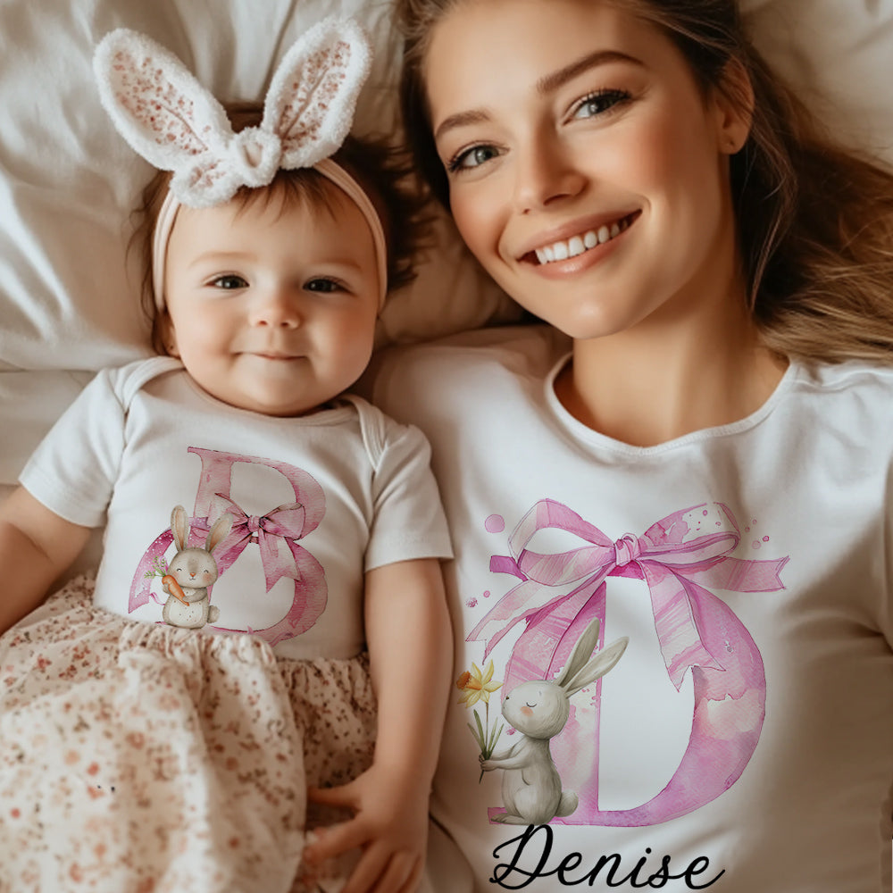 Personalized Name Parent-Child Matching Shirts, Bow Alphabet and Bunny Design Cotton Mom T-Shirt & Baby Bodysuit Set, Easter Gift for Baby/New Mom