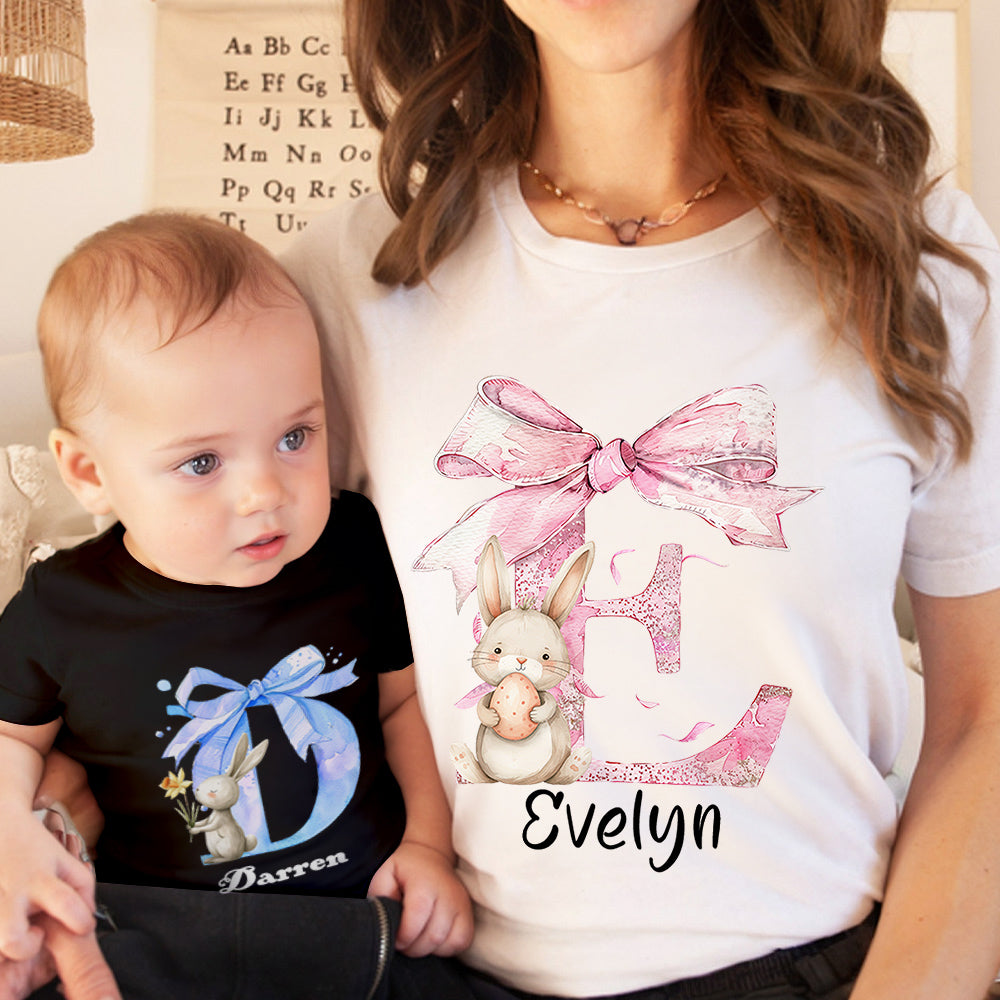 Personalized Name Parent-Child Matching Shirts, Bow Alphabet and Bunny Design Cotton Mom T-Shirt & Baby Bodysuit Set, Easter Gift for Baby/New Mom