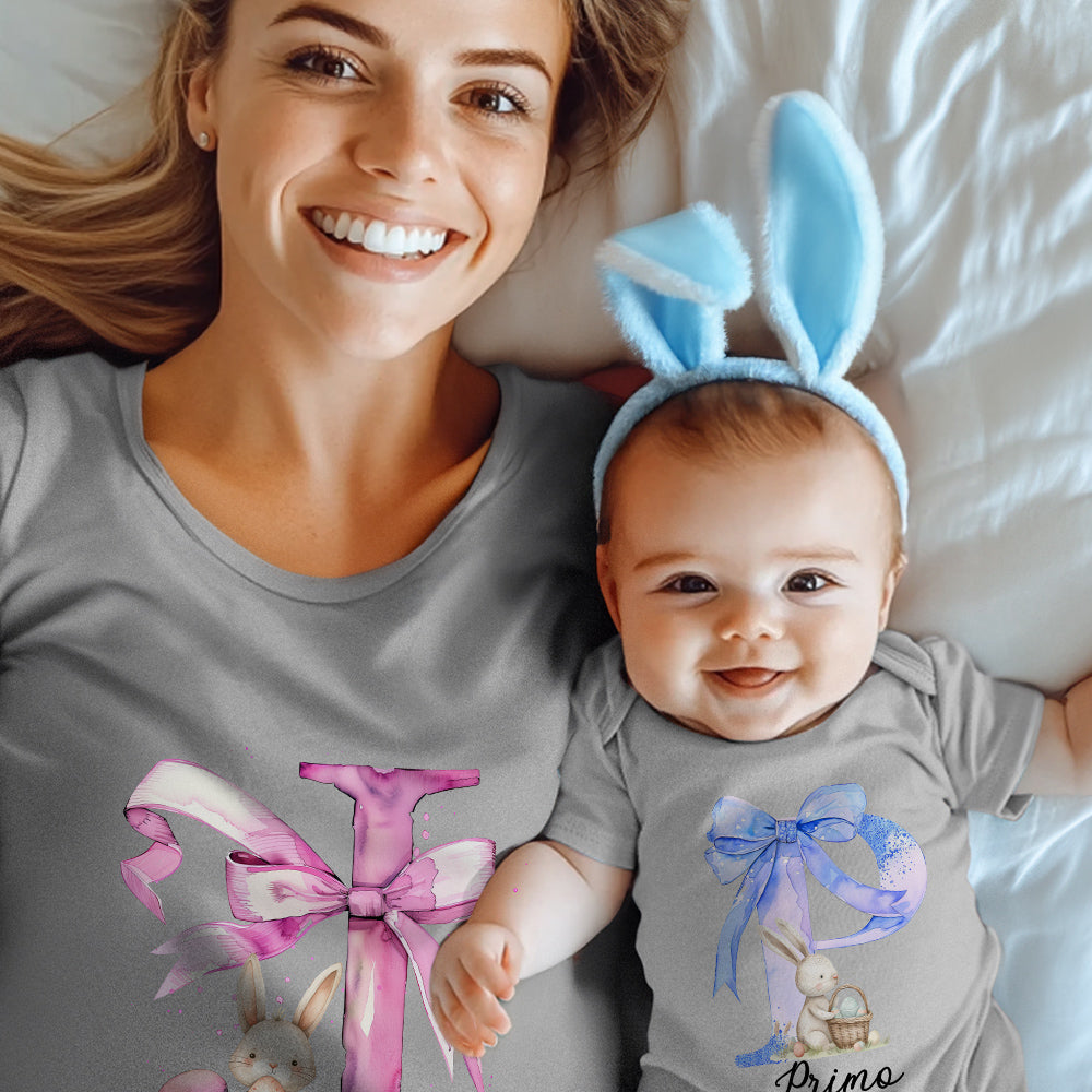Personalized Name Parent-Child Matching Shirts, Bow Alphabet and Bunny Design Cotton Mom T-Shirt & Baby Bodysuit Set, Easter Gift for Baby/New Mom