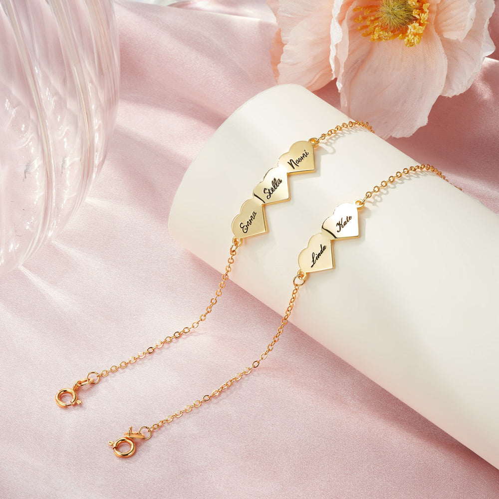 Custom Engraved Multi Heart Bracelet with Names, Sterling Silver 925 Adjustable Bracelet, Valentine's Day/Mother's Day/Birthday Gift for Her/Mom/BFF