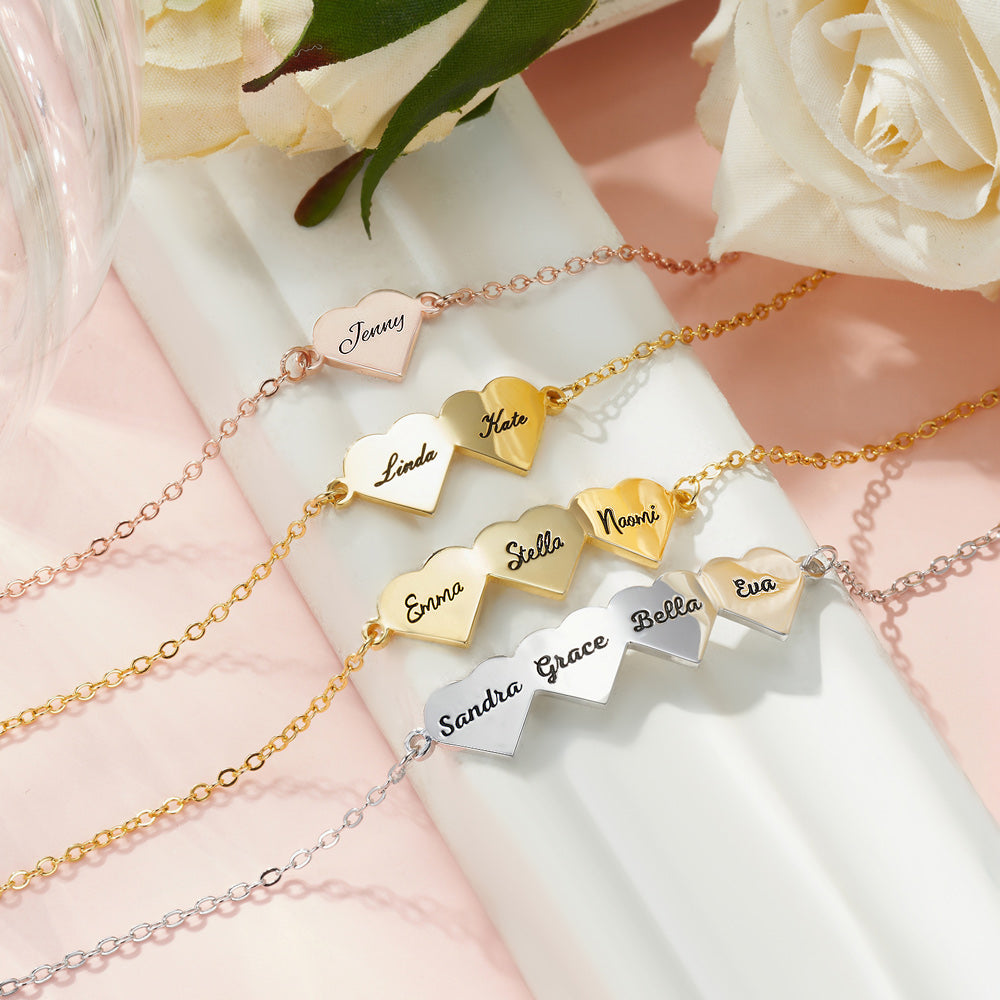 Custom Engraved Multi Heart Bracelet with Names, Sterling Silver 925 Adjustable Bracelet, Valentine's Day/Mother's Day/Birthday Gift for Her/Mom/BFF