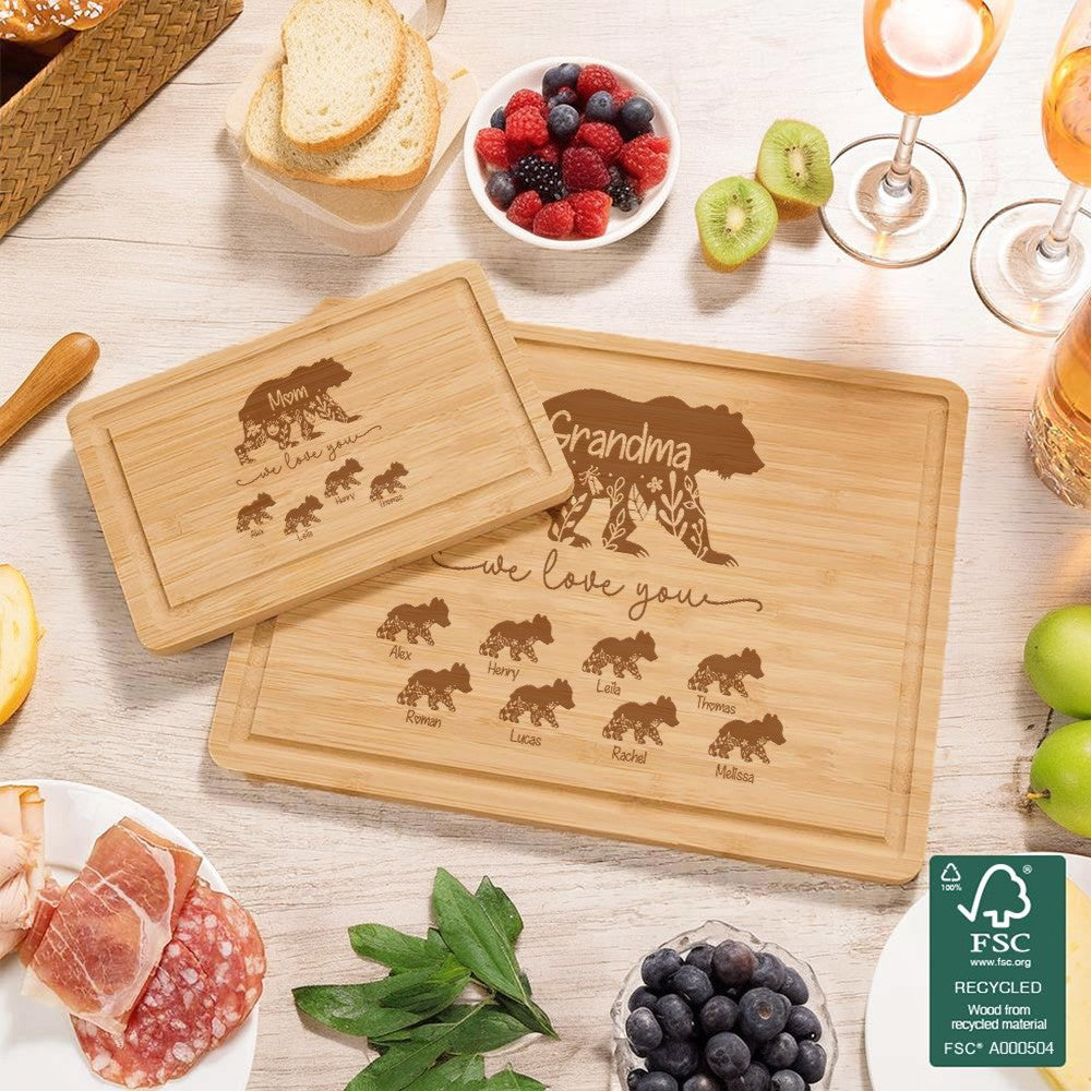 Custom Engraved Floral Bear Mama & Cubs Cutting Board, Bamboo Chopping Board, Kitchen Accessory, Birthday/Mother's Day Gift for Mom/Grandma/Family