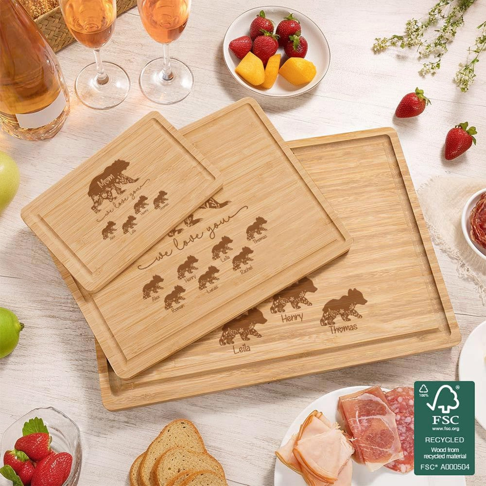 Custom Engraved Floral Bear Mama & Cubs Cutting Board, Bamboo Chopping Board, Kitchen Accessory, Birthday/Mother's Day Gift for Mom/Grandma/Family