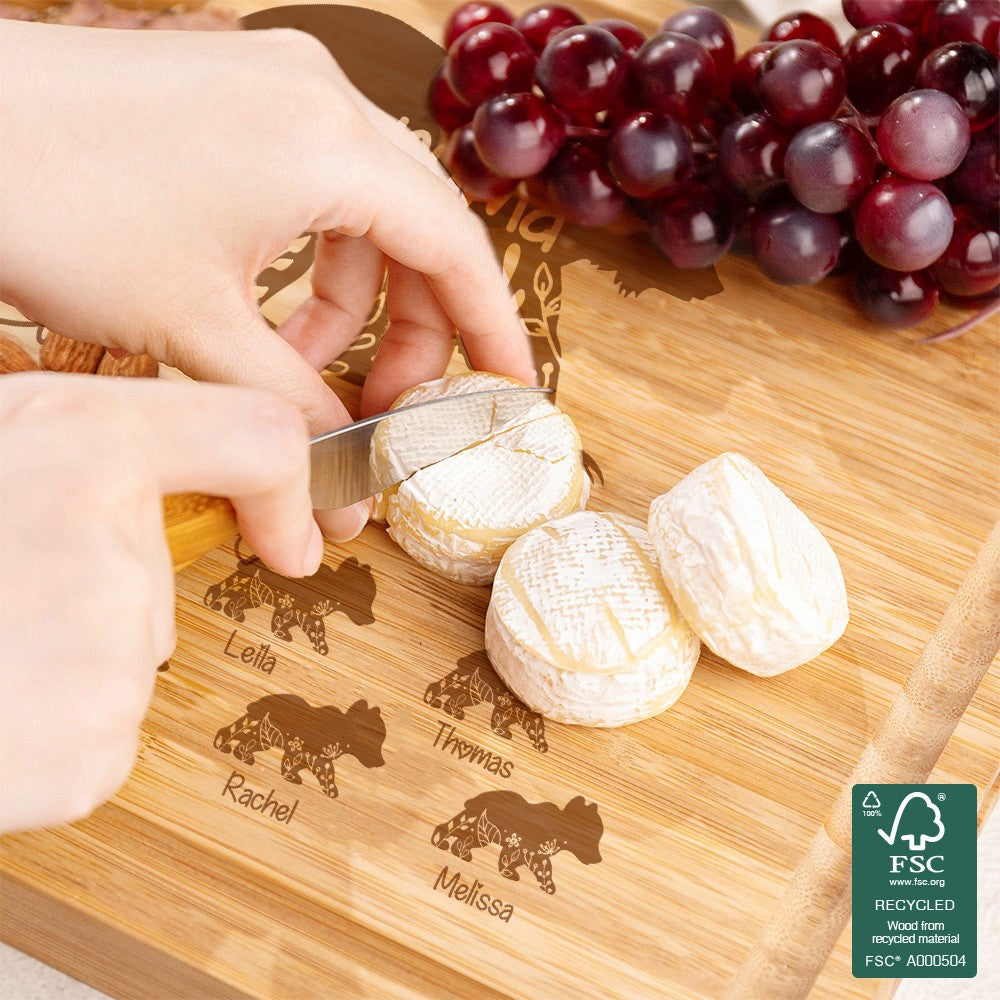 Custom Engraved Floral Bear Mama & Cubs Cutting Board, Bamboo Chopping Board, Kitchen Accessory, Birthday/Mother's Day Gift for Mom/Grandma/Family
