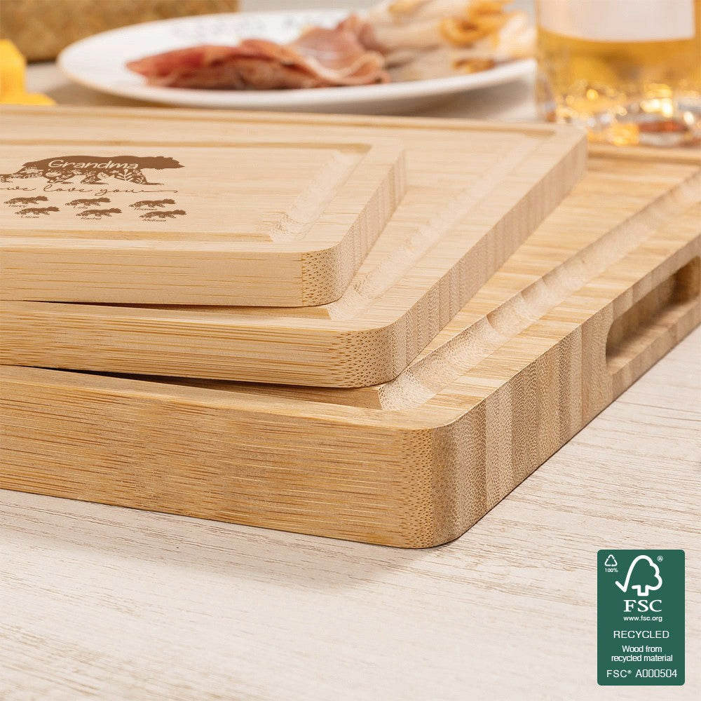 Custom Engraved Floral Bear Mama & Cubs Cutting Board, Bamboo Chopping Board, Kitchen Accessory, Birthday/Mother's Day Gift for Mom/Grandma/Family