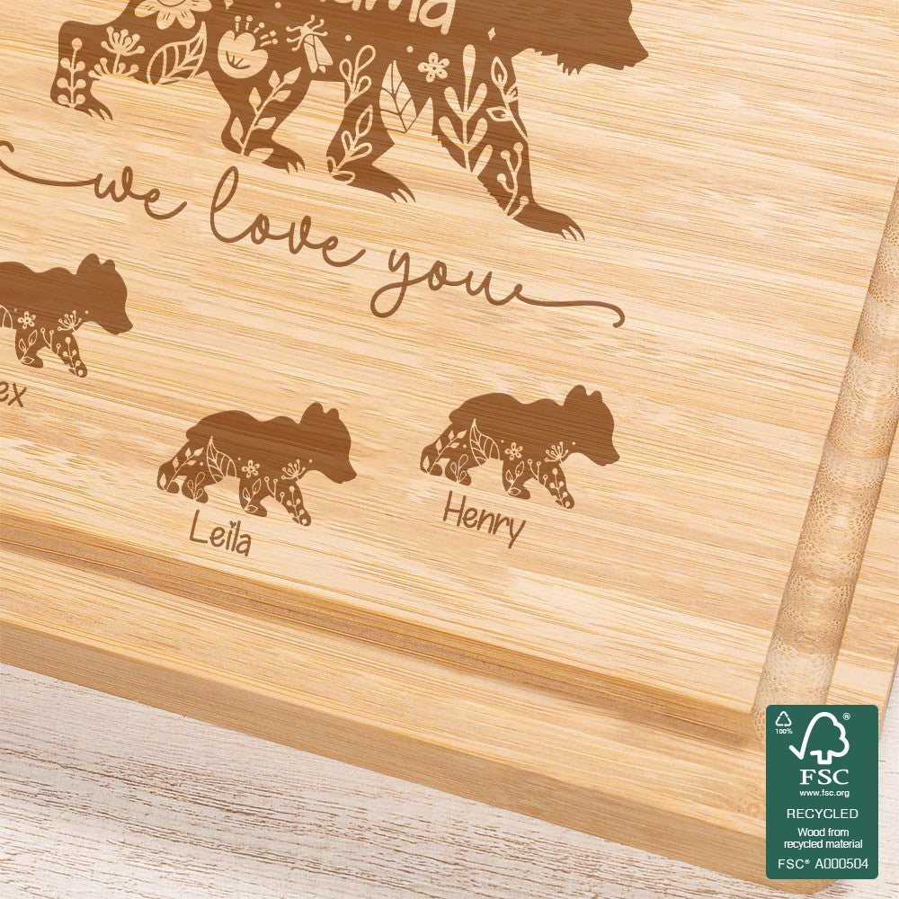 Custom Engraved Floral Bear Mama & Cubs Cutting Board, Bamboo Chopping Board, Kitchen Accessory, Birthday/Mother's Day Gift for Mom/Grandma/Family