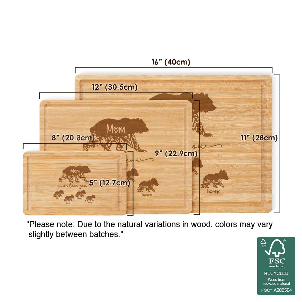 Custom Engraved Floral Bear Mama & Cubs Cutting Board, Bamboo Chopping Board, Kitchen Accessory, Birthday/Mother's Day Gift for Mom/Grandma/Family