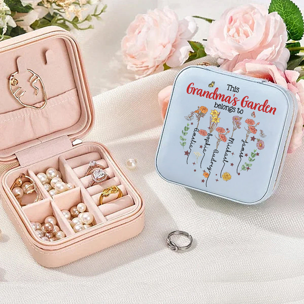 Personalized Names & Birth Flowers Grandma's Garden Jewelry Box, Leather Travel Jewelry Case, Birthday/Mother's Day/Anniversary Gift for Mom/Grandma