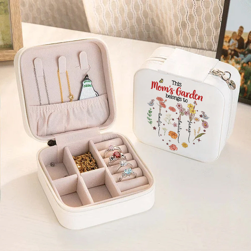 Personalized Names & Birth Flowers Grandma's Garden Jewelry Box, Leather Travel Jewelry Case, Birthday/Mother's Day/Anniversary Gift for Mom/Grandma