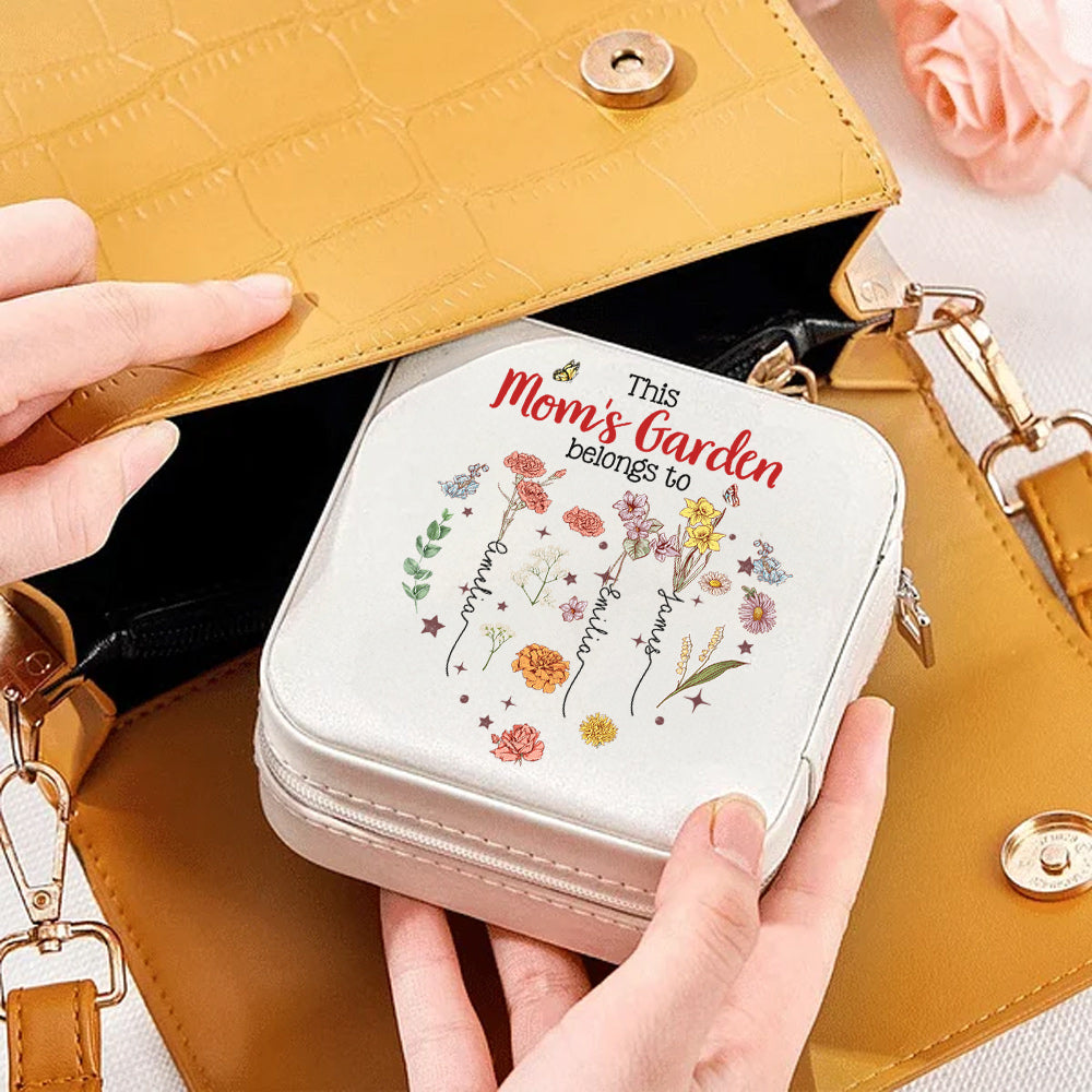 Personalized Names & Birth Flowers Grandma's Garden Jewelry Box, Leather Travel Jewelry Case, Birthday/Mother's Day/Anniversary Gift for Mom/Grandma