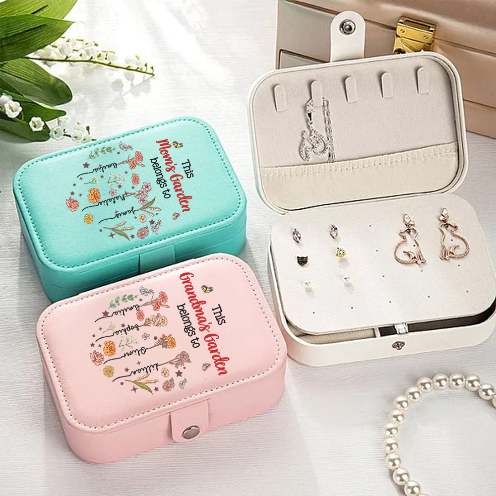 Personalized Names & Birth Flowers Grandma's Garden Jewelry Box, Leather Travel Jewelry Case, Birthday/Mother's Day/Anniversary Gift for Mom/Grandma