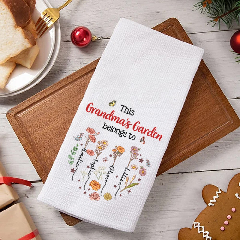 Custom Names & Birth Flowers Grandma's Garden Waffle Weave Dish Towel, Tea Towel, Kitchen Accessory, Housewarming/Mother's Day Gift for Mom/Grandma