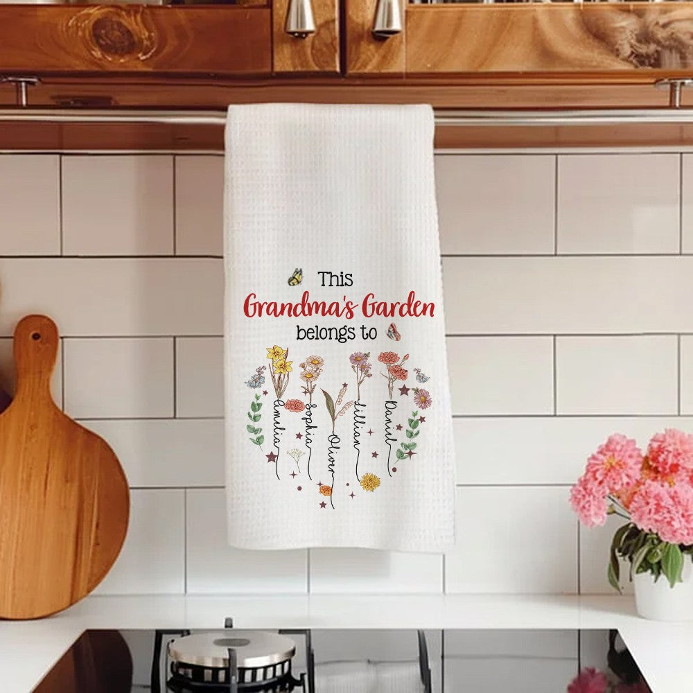 Custom Names & Birth Flowers Grandma's Garden Waffle Weave Dish Towel, Tea Towel, Kitchen Accessory, Housewarming/Mother's Day Gift for Mom/Grandma