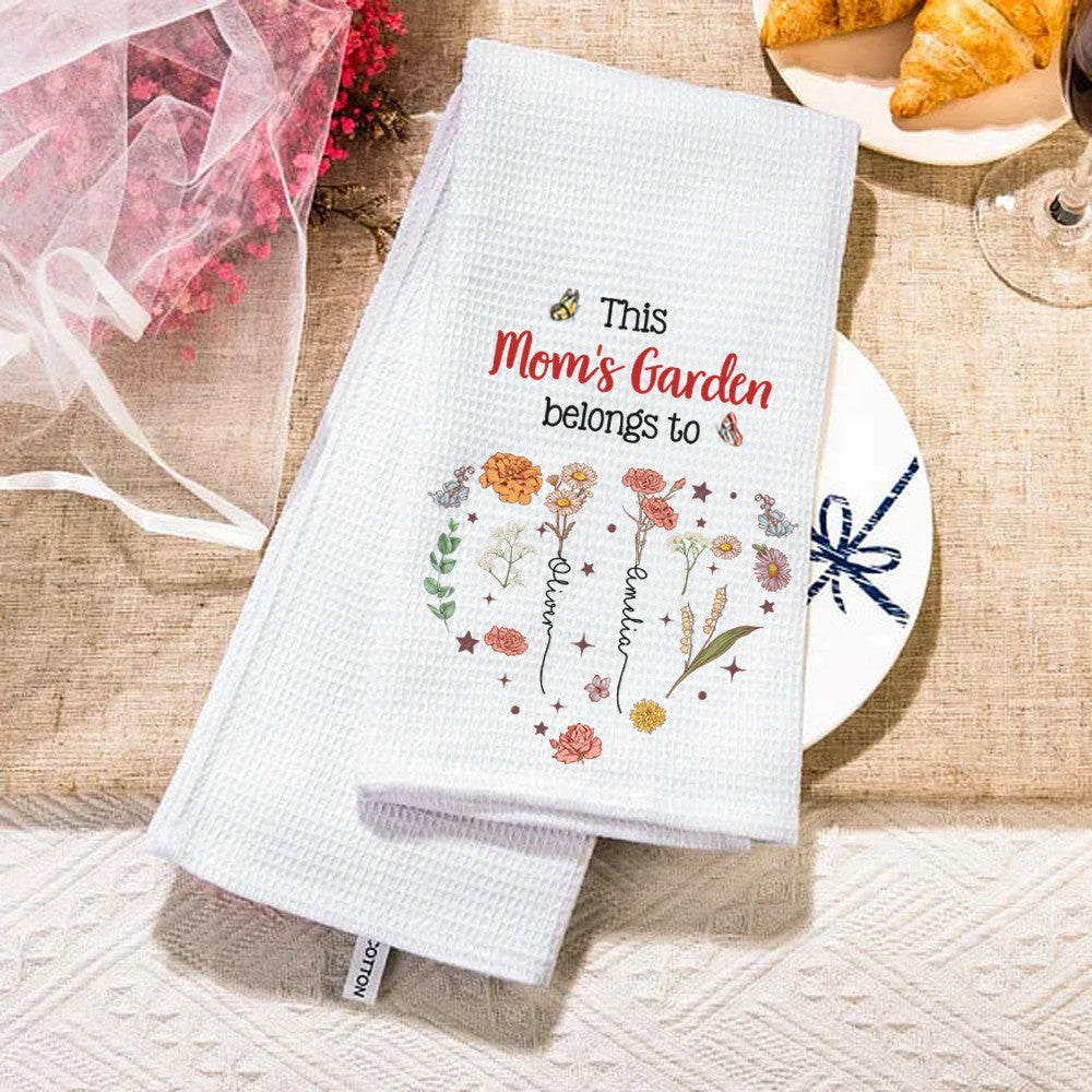 Custom Names & Birth Flowers Grandma's Garden Waffle Weave Dish Towel, Tea Towel, Kitchen Accessory, Housewarming/Mother's Day Gift for Mom/Grandma