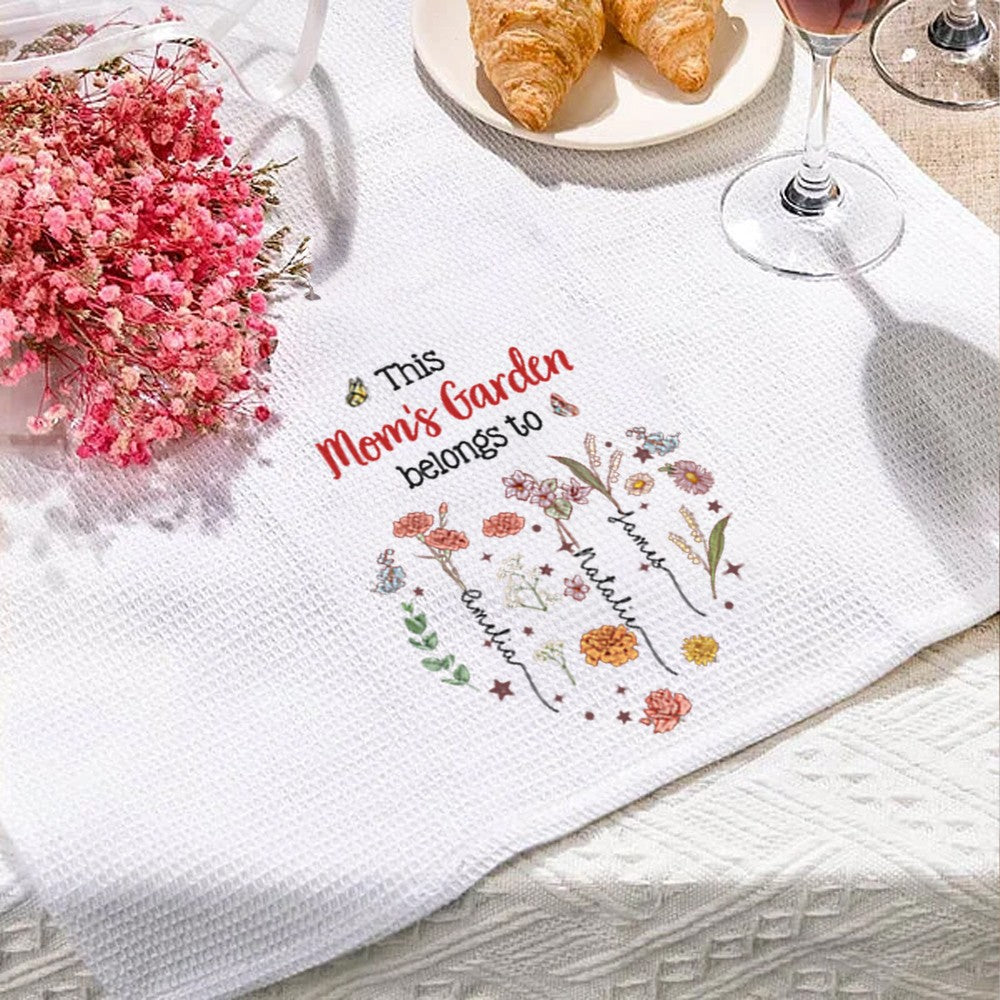 Custom Names & Birth Flowers Grandma's Garden Waffle Weave Dish Towel, Tea Towel, Kitchen Accessory, Housewarming/Mother's Day Gift for Mom/Grandma