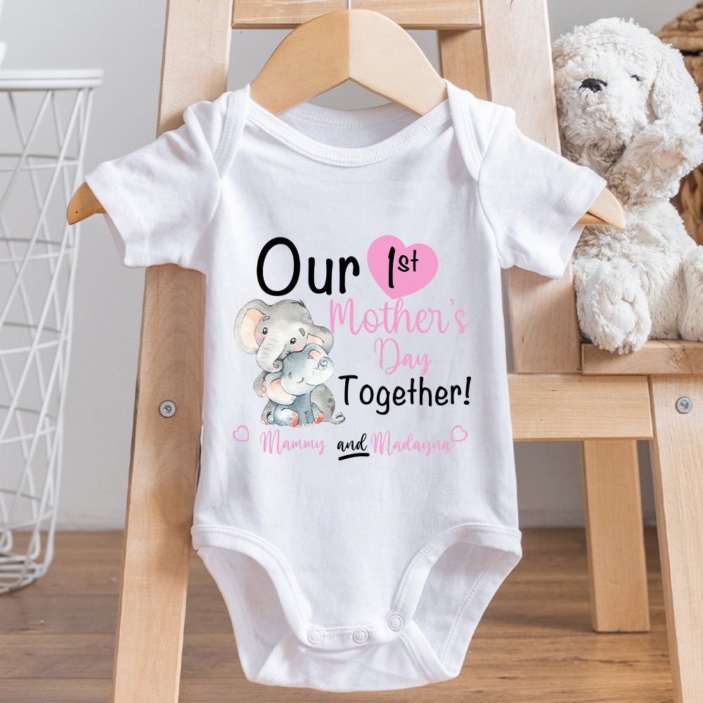 Custom Our First Mother's Day Parent-Child Clothing Matching Shirts, Elephant Balloon Cotton Mom T-Shirt & Baby Bodysuit Set, Gift for New Mom/Newborn