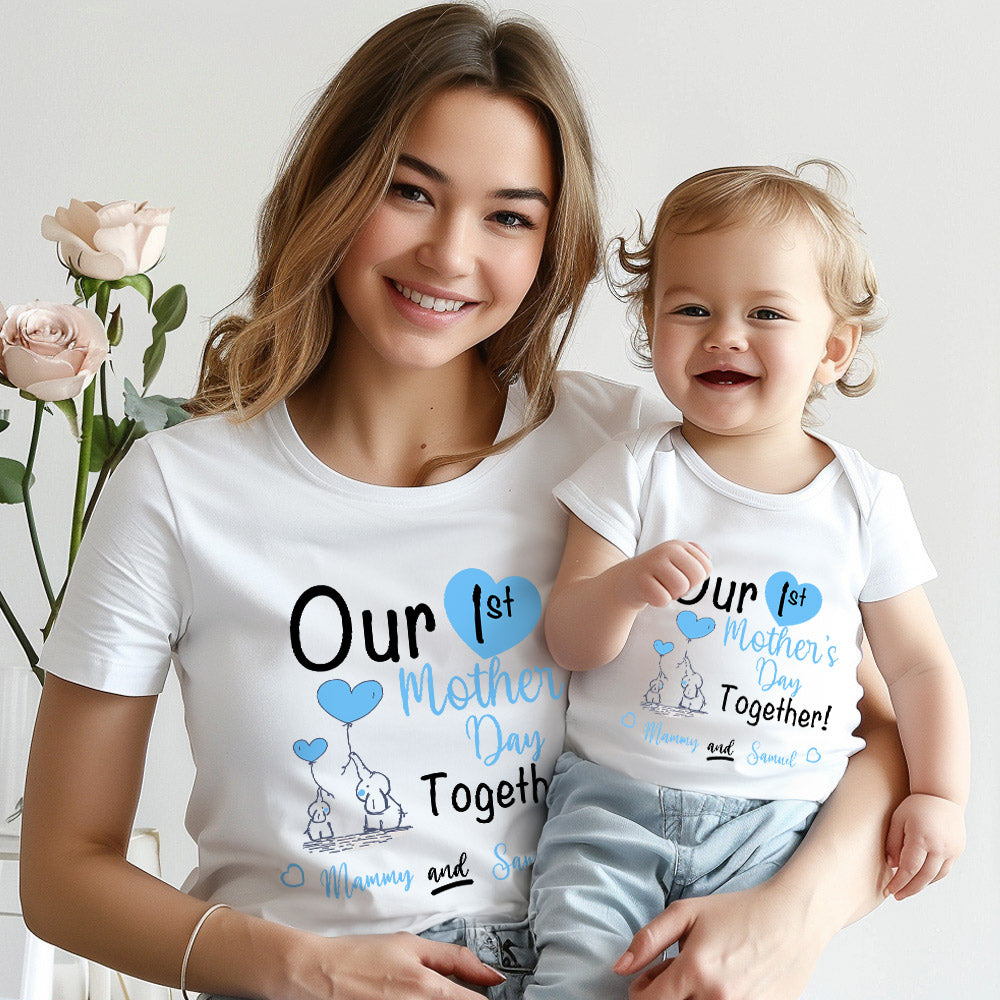 Custom Our First Mother's Day Parent-Child Clothing Matching Shirts, Elephant Balloon Cotton Mom T-Shirt & Baby Bodysuit Set, Gift for New Mom/Newborn