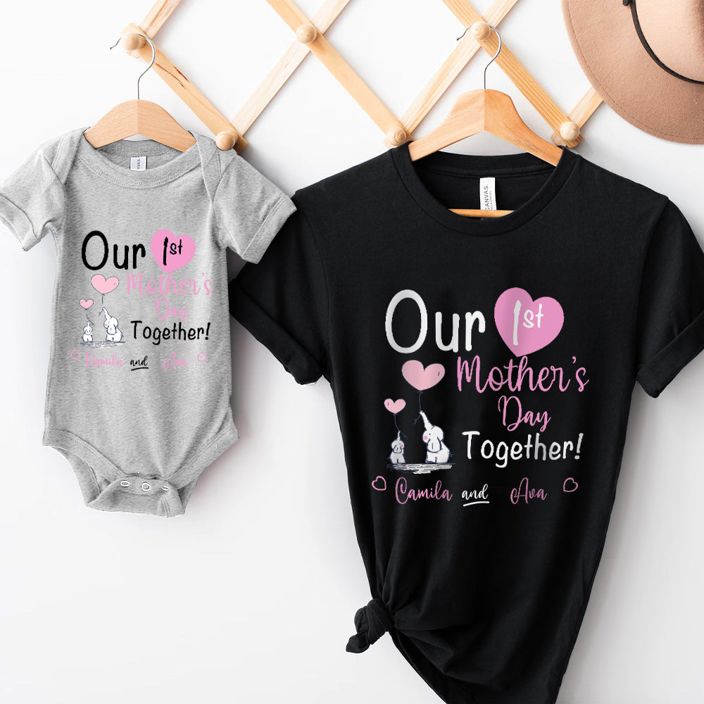 Custom Our First Mother's Day Parent-Child Clothing Matching Shirts, Elephant Balloon Cotton Mom T-Shirt & Baby Bodysuit Set, Gift for New Mom/Newborn
