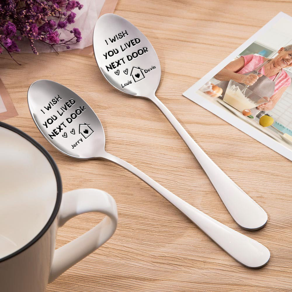 Personalized Names I Wish You Lived Next Door Spoons Set of 2, Kitchen Accessories, Friendship/Long Distance Gifts for Best Friend/Family/Lover