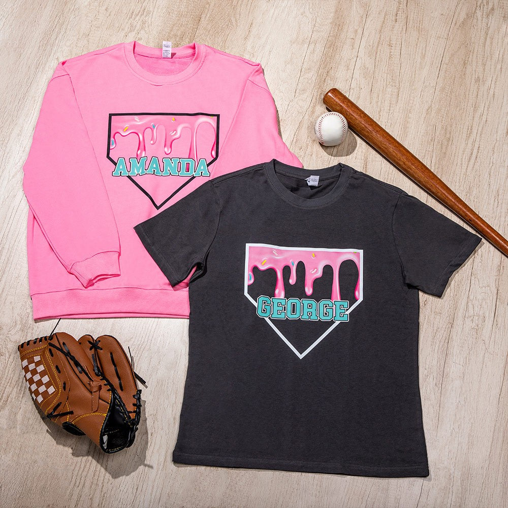 Custom Name Baseball Ice Cream Drip Shirt, Baseball T-shirt/Sweatshirt/Hoodie for Adults and Kids, Sports Gym Outfit, Gift for Baseball Lovers/Fans