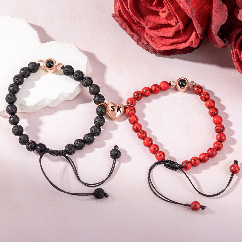 Custom Initials Photo Projection Matching Heart Bracelets, Natural Stone Magnetic Bracelets Set of 2, Valentine's Day/Anniversary Gift for Couple/BFF