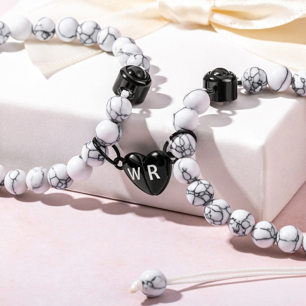 Custom Initials Photo Projection Matching Heart Bracelets, Natural Stone Magnetic Bracelets Set of 2, Valentine's Day/Anniversary Gift for Couple/BFF