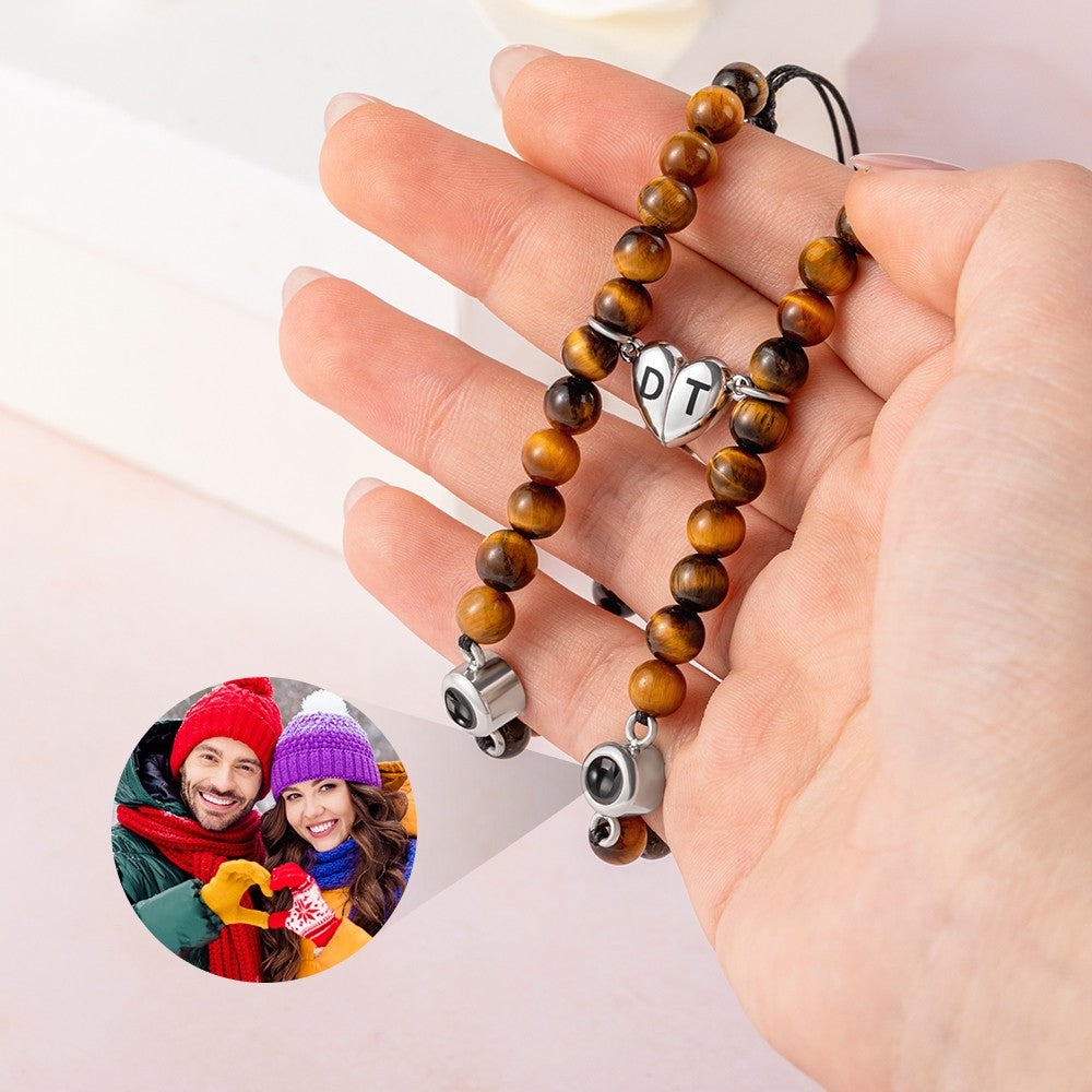 Custom Initials Photo Projection Matching Heart Bracelets, Natural Stone Magnetic Bracelets Set of 2, Valentine's Day/Anniversary Gift for Couple/BFF