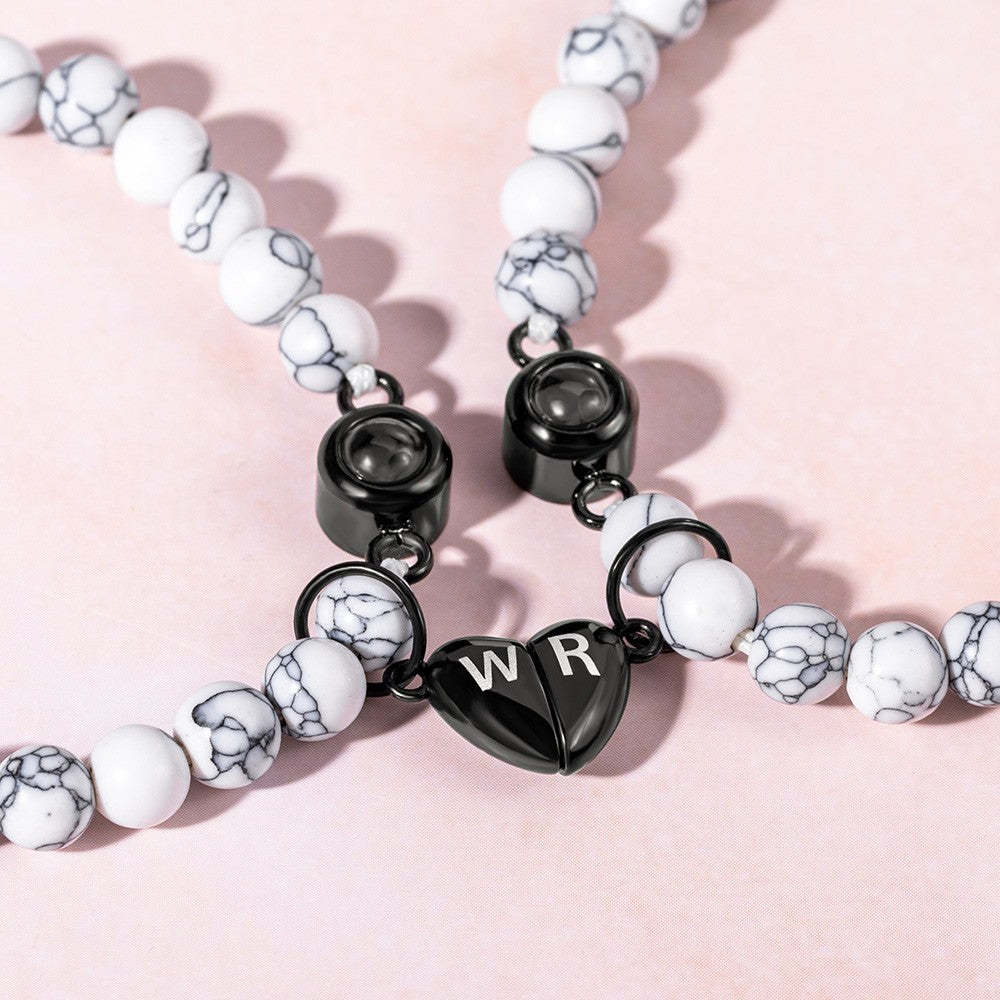 Custom Initials Photo Projection Matching Heart Bracelets, Natural Stone Magnetic Bracelets Set of 2, Valentine's Day/Anniversary Gift for Couple/BFF