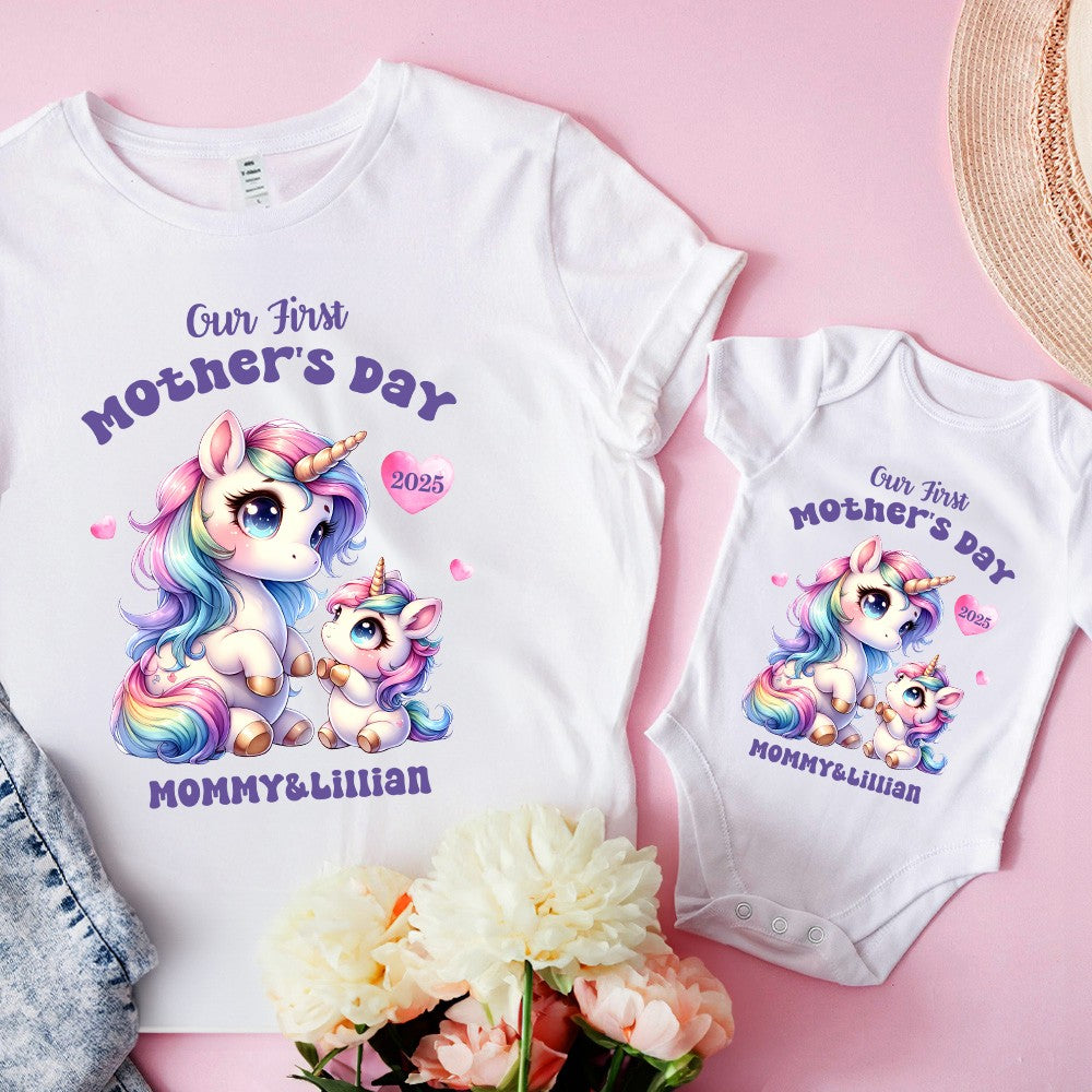 Custom Name Our First Mother's Day Parent-Child Matching Shirts, Animal Mama & Kid Design Mom T-Shirt & Baby Bodysuit Set, Gift for Newborns/New Mom