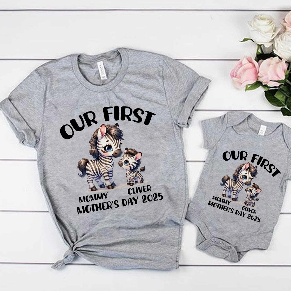Custom Name Our First Mother's Day Parent-Child Matching Shirts, Animal Mama & Kid Design Mom T-Shirt & Baby Bodysuit Set, Gift for Newborns/New Mom