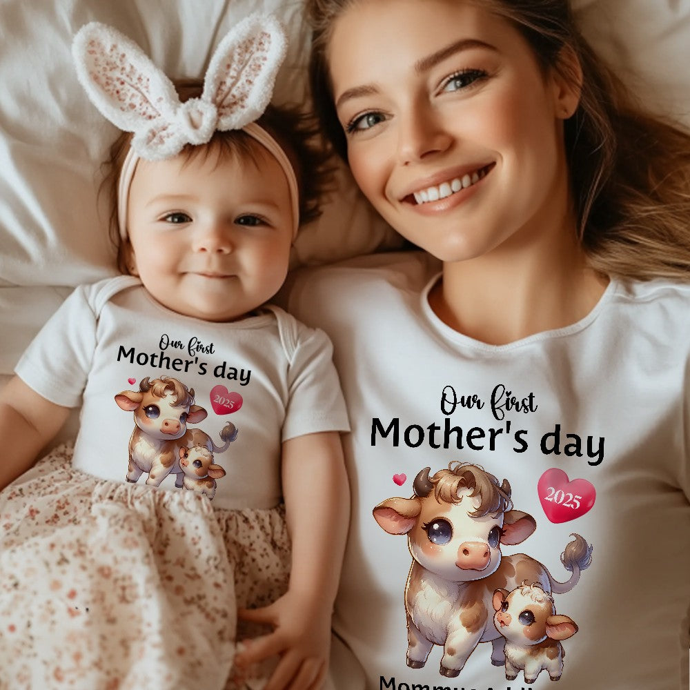 Custom Name Our First Mother's Day Parent-Child Matching Shirts, Animal Mama & Kid Design Mom T-Shirt & Baby Bodysuit Set, Gift for Newborns/New Mom
