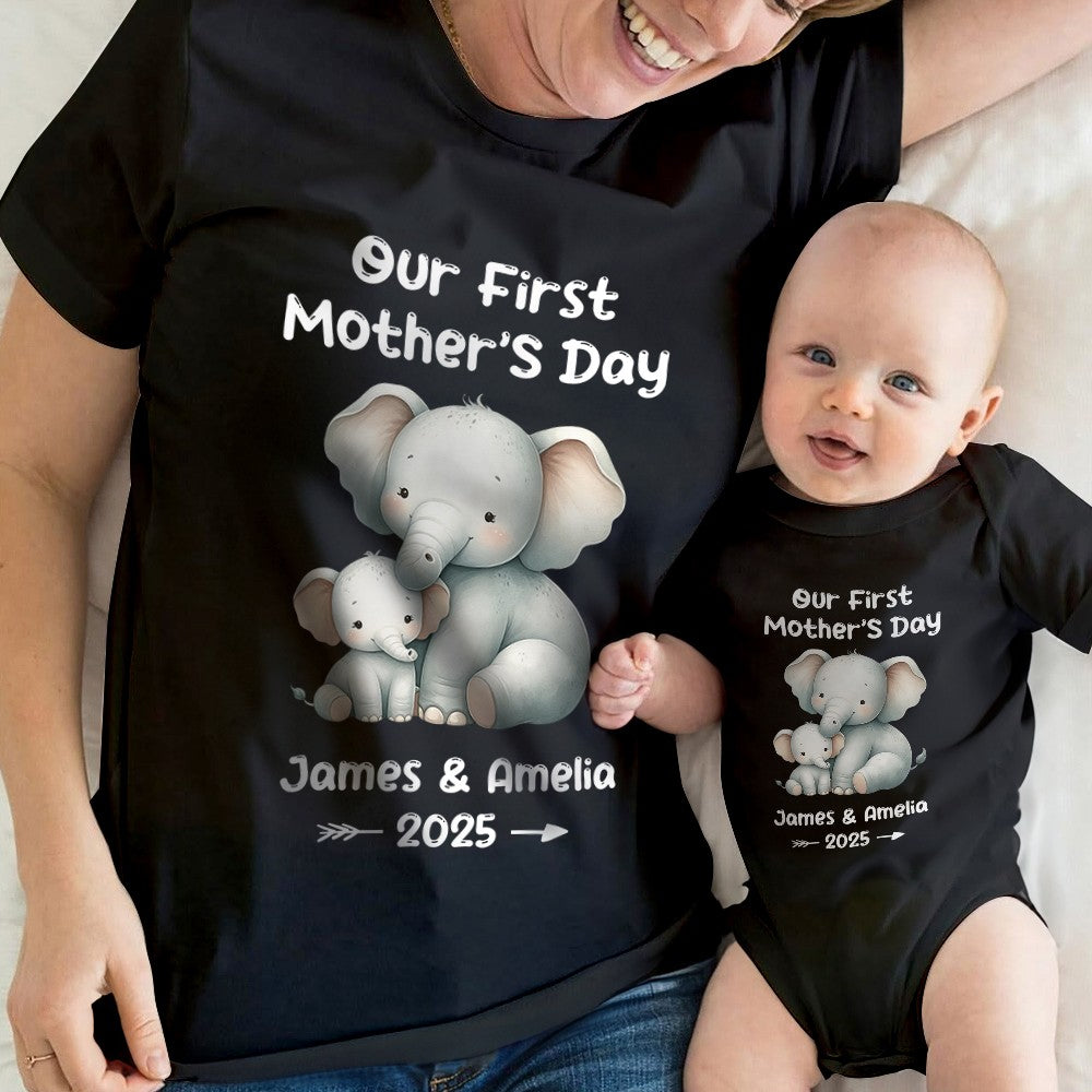 Custom Name Our First Mother's Day Parent-Child Matching Shirts, Animal Mama & Kid Design Mom T-Shirt & Baby Bodysuit Set, Gift for Newborns/New Mom