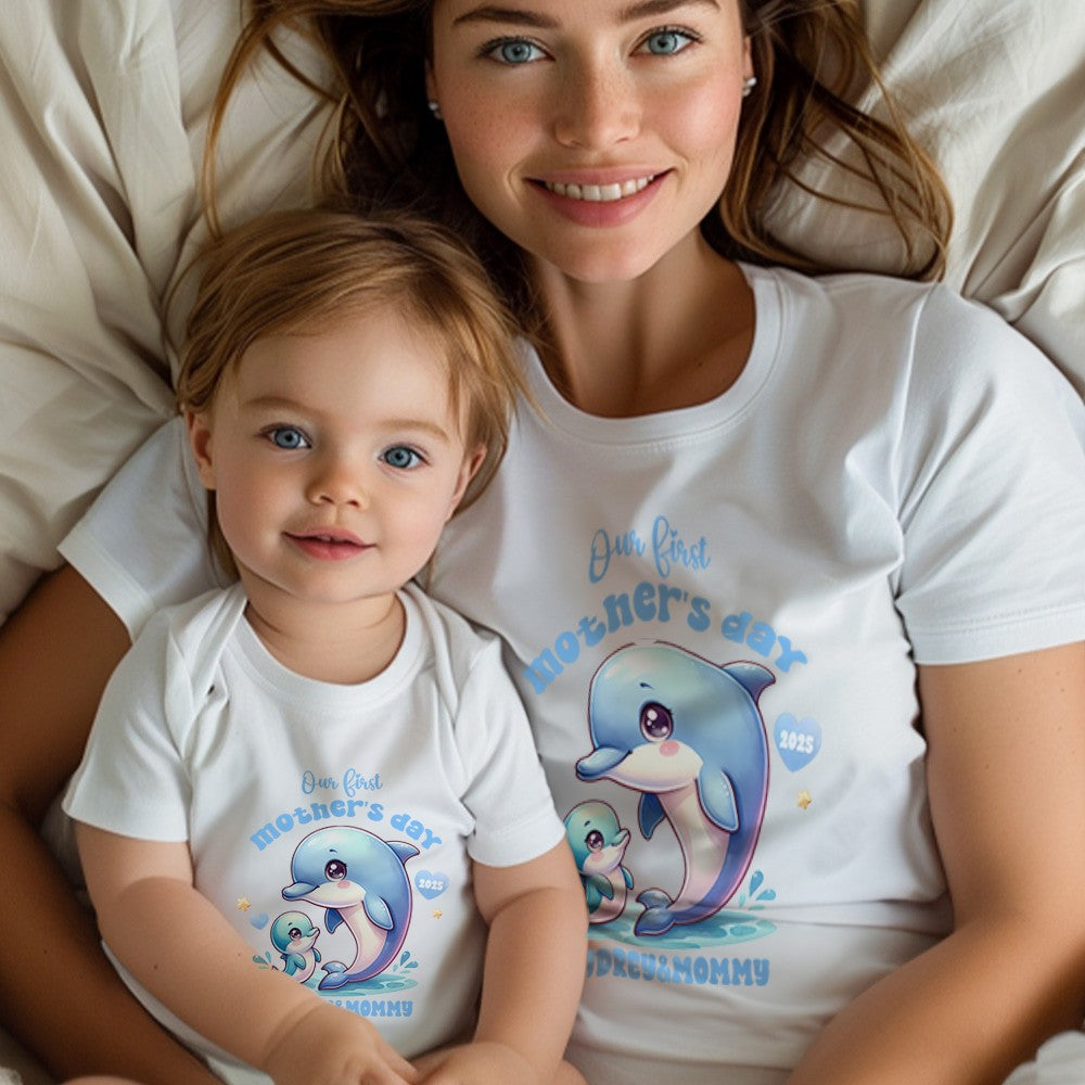 Custom Name Our First Mother's Day Parent-Child Matching Shirts, Animal Mama & Kid Design Mom T-Shirt & Baby Bodysuit Set, Gift for Newborns/New Mom