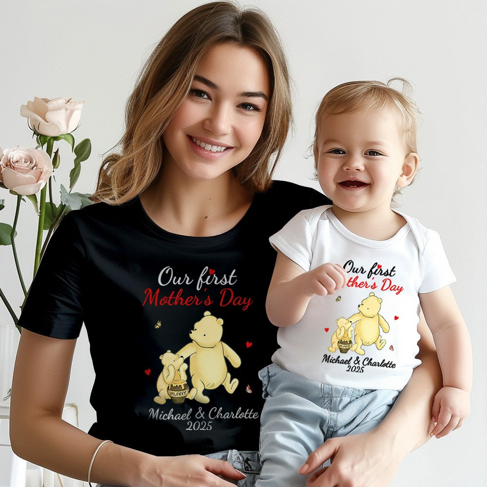 Custom Name Our First Mother's Day Parent-Child Matching Shirts, Animal Mama & Kid Design Mom T-Shirt & Baby Bodysuit Set, Gift for Newborns/New Mom