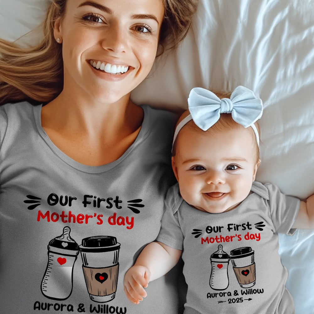 Custom Name Our First Mother's Day Parent-Child Matching Shirts, Animal Mama & Kid Design Mom T-Shirt & Baby Bodysuit Set, Gift for Newborns/New Mom