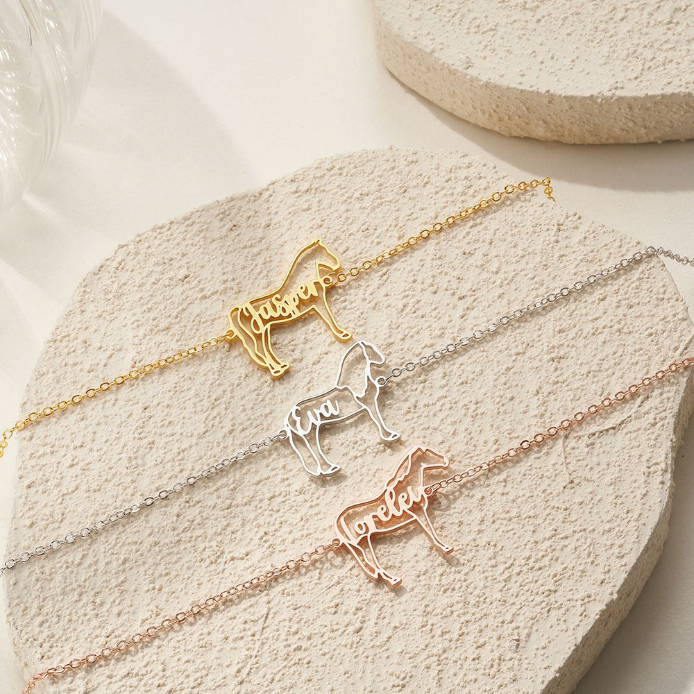 Personalized Name Horse Silhouette Bracelet, Sterling Silver 925 Horse Memorial Jewelry, Birthday/Anniversary Gift for Horse Lovers/Equestrians