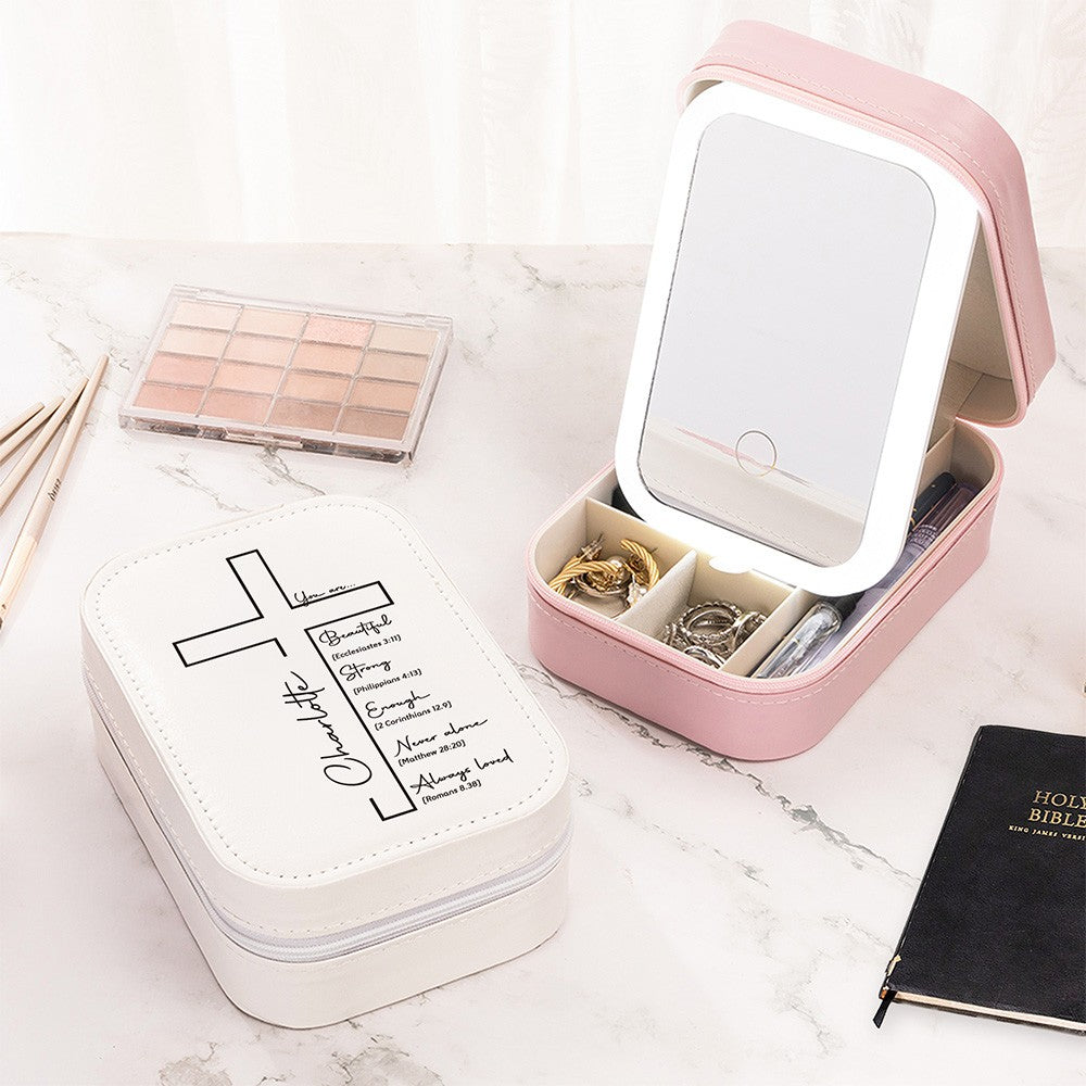 Custom Name Cross Makeup Box with Three-Color LED Light Mirror, Inspirational Bible Verses Travel Makeup Jewelry Box, Birthday/Baptism Gift for Women