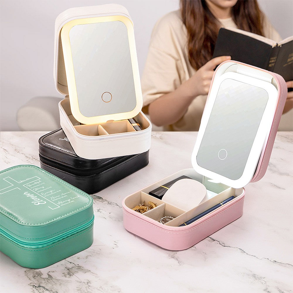 Custom Name Cross Makeup Box with Three-Color LED Light Mirror, Inspirational Bible Verses Travel Makeup Jewelry Box, Birthday/Baptism Gift for Women