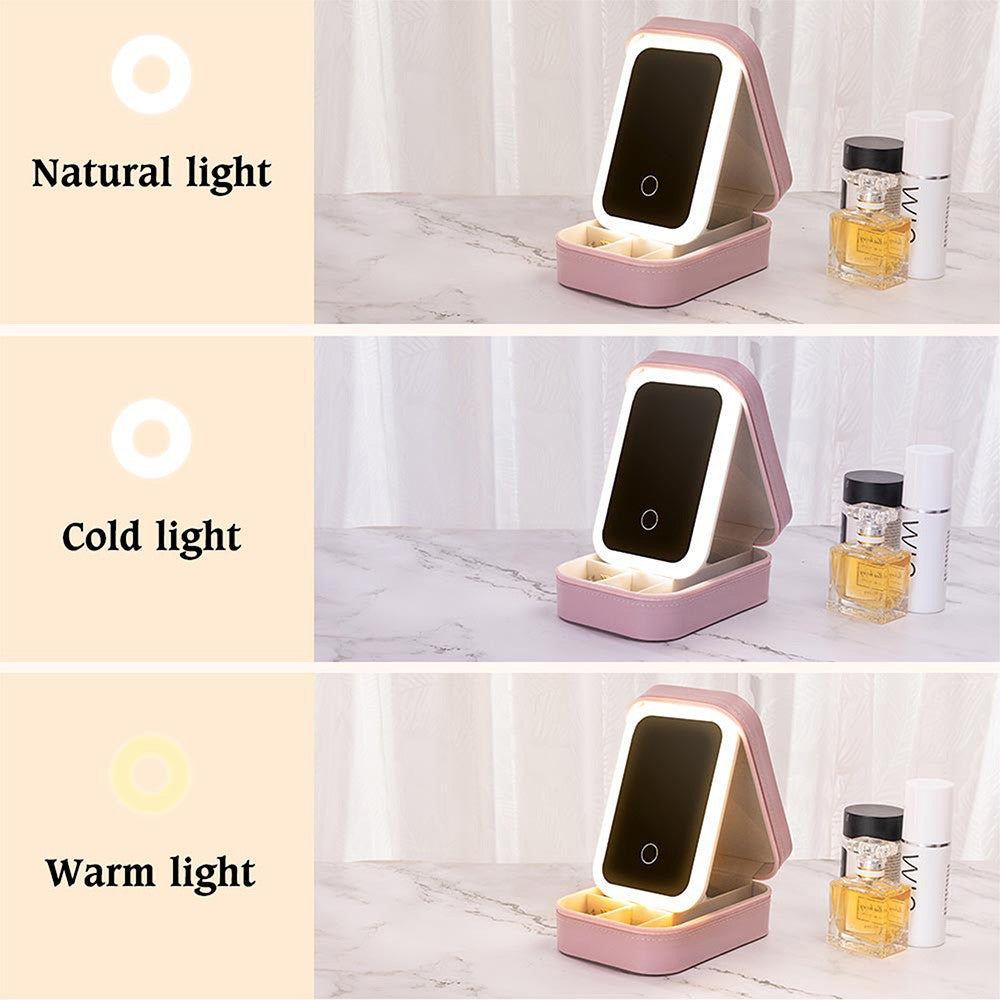 Custom Name Cross Makeup Box with Three-Color LED Light Mirror, Inspirational Bible Verses Travel Makeup Jewelry Box, Birthday/Baptism Gift for Women