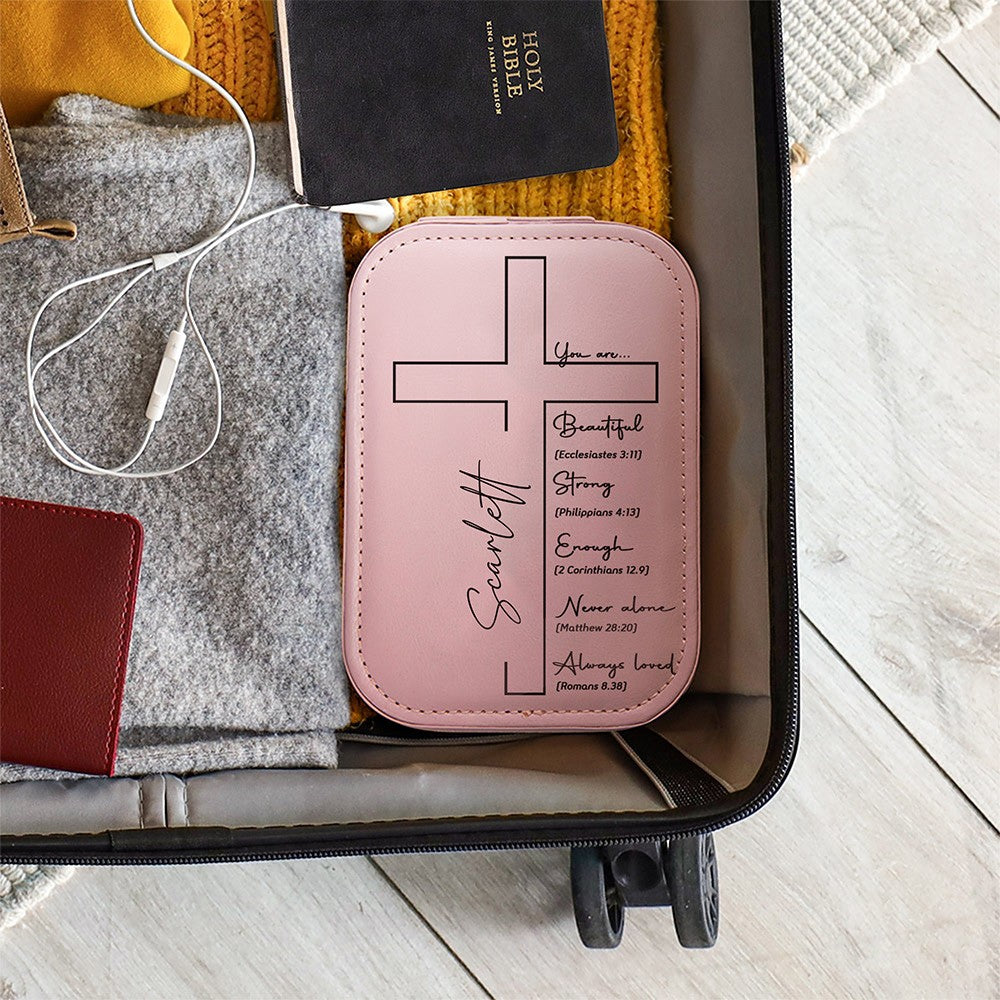 Custom Name Cross Makeup Box with Three-Color LED Light Mirror, Inspirational Bible Verses Travel Makeup Jewelry Box, Birthday/Baptism Gift for Women