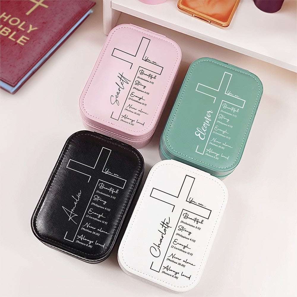 Custom Name Cross Makeup Box with Three-Color LED Light Mirror, Inspirational Bible Verses Travel Makeup Jewelry Box, Birthday/Baptism Gift for Women