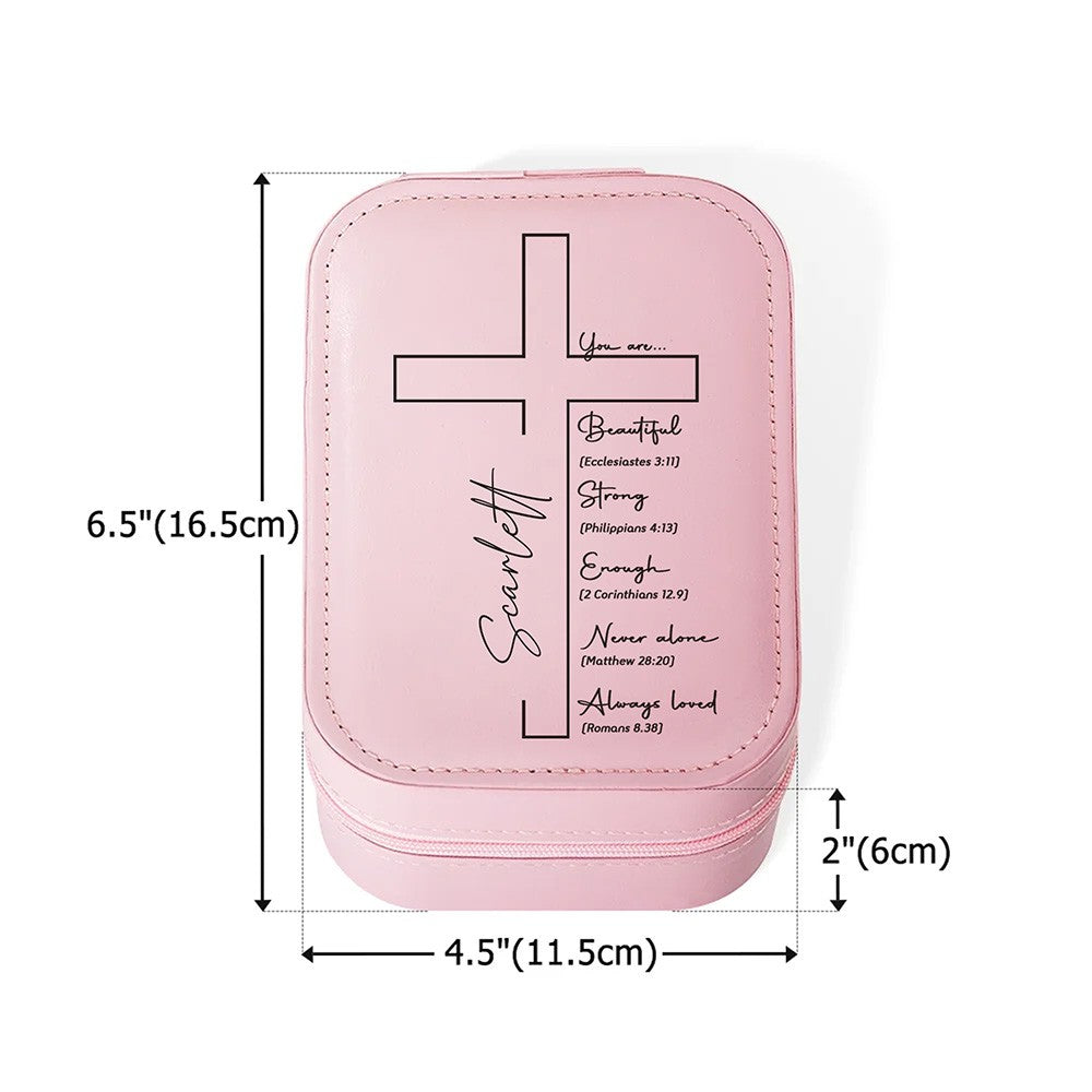 Custom Name Cross Makeup Box with Three-Color LED Light Mirror, Inspirational Bible Verses Travel Makeup Jewelry Box, Birthday/Baptism Gift for Women