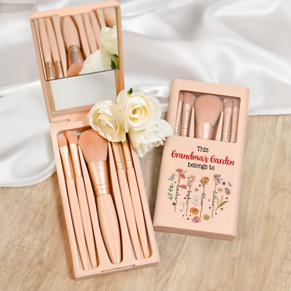 Custom Names & Birth Flowers Grandma's Garden Makeup Brushes Box Set with Mirror, Travel Makeup Pouch Brushes, Mother's Day Gift for Wife/Mom/Grandma