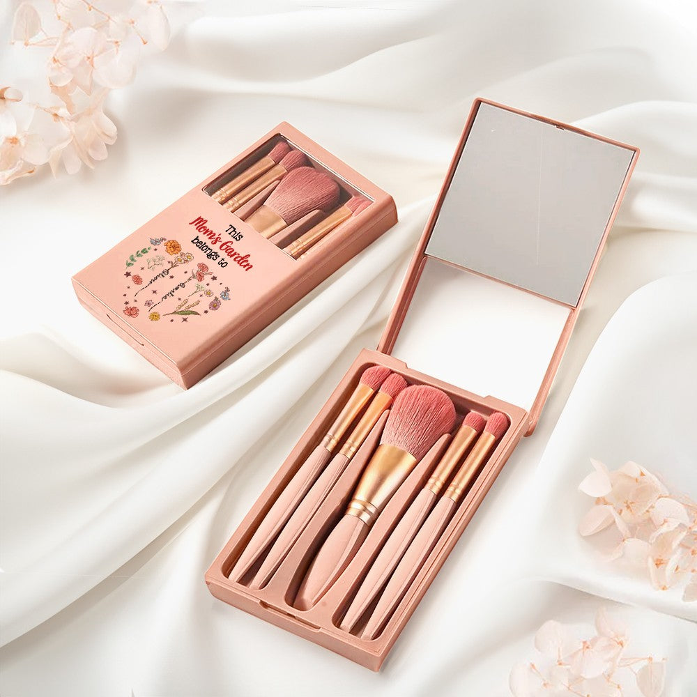 Custom Names & Birth Flowers Grandma's Garden Makeup Brushes Box Set with Mirror, Travel Makeup Pouch Brushes, Mother's Day Gift for Wife/Mom/Grandma