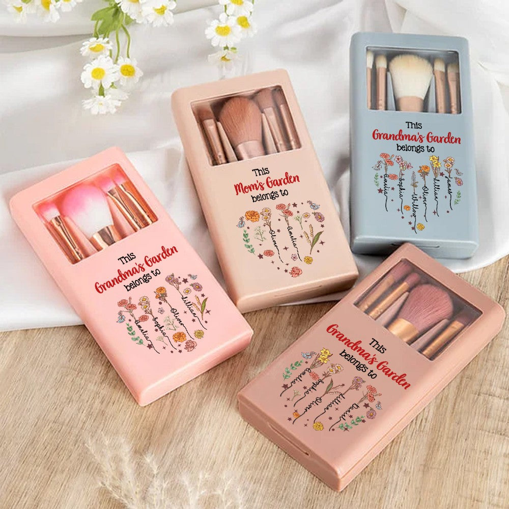Custom Names & Birth Flowers Grandma's Garden Makeup Brushes Box Set with Mirror, Travel Makeup Pouch Brushes, Mother's Day Gift for Wife/Mom/Grandma