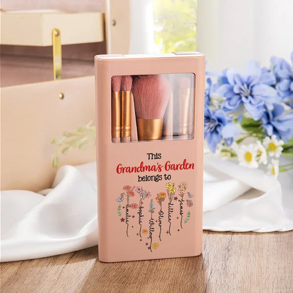 Custom Names & Birth Flowers Grandma's Garden Makeup Brushes Box Set with Mirror, Travel Makeup Pouch Brushes, Mother's Day Gift for Wife/Mom/Grandma