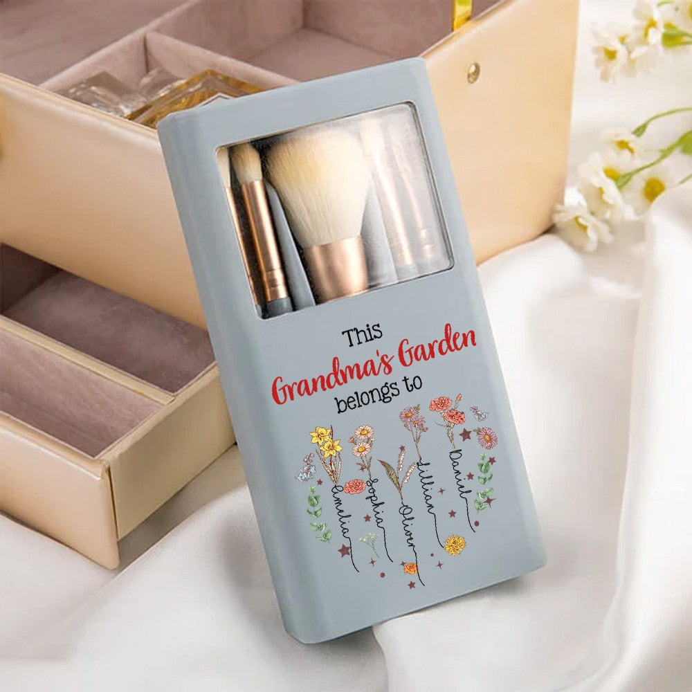 Custom Names & Birth Flowers Grandma's Garden Makeup Brushes Box Set with Mirror, Travel Makeup Pouch Brushes, Mother's Day Gift for Wife/Mom/Grandma