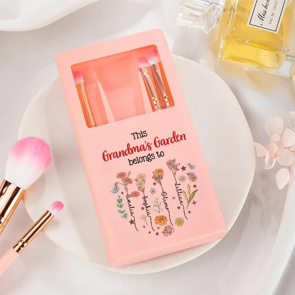 Custom Names & Birth Flowers Grandma's Garden Makeup Brushes Box Set with Mirror, Travel Makeup Pouch Brushes, Mother's Day Gift for Wife/Mom/Grandma