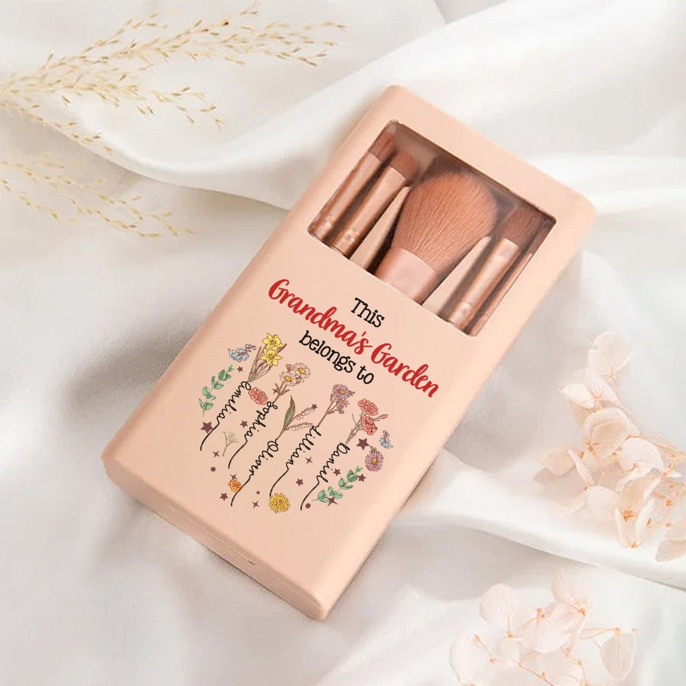 Custom Names & Birth Flowers Grandma's Garden Makeup Brushes Box Set with Mirror, Travel Makeup Pouch Brushes, Mother's Day Gift for Wife/Mom/Grandma